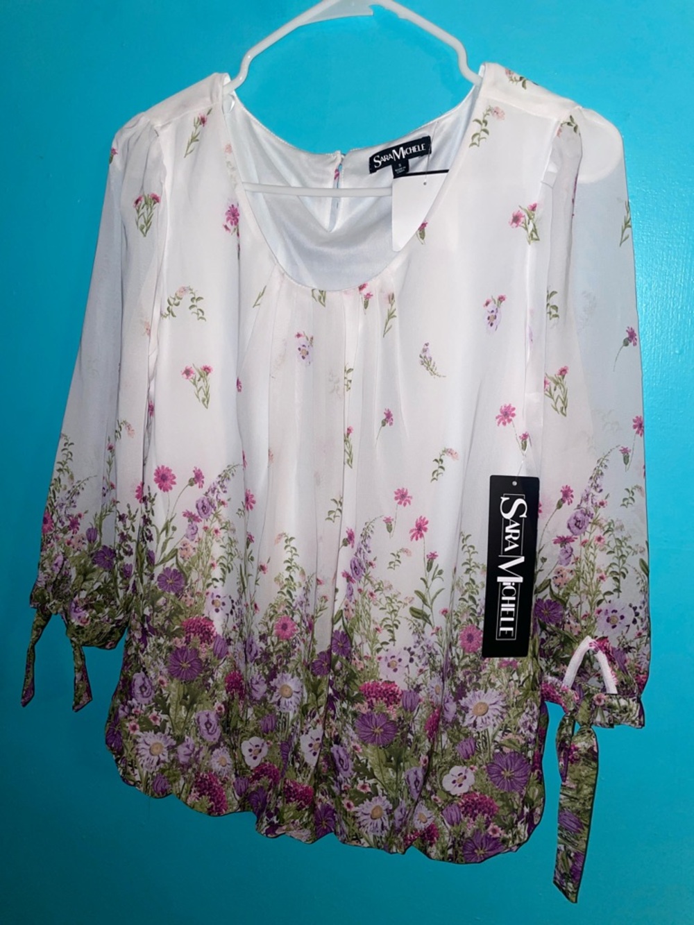 Sara Michelle White Floral Tie-Sleeve Peasant Top